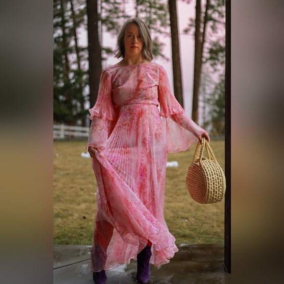 70s Pleated Floaty Long Sleeve Maxi Dress - Picture 3 of 7